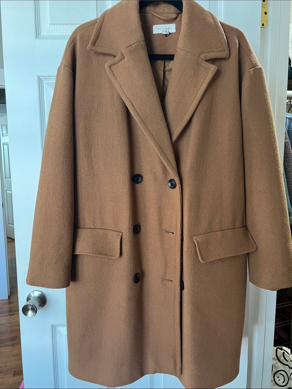 Free Assembly Camel Double-Breasted Wool Pea Coat